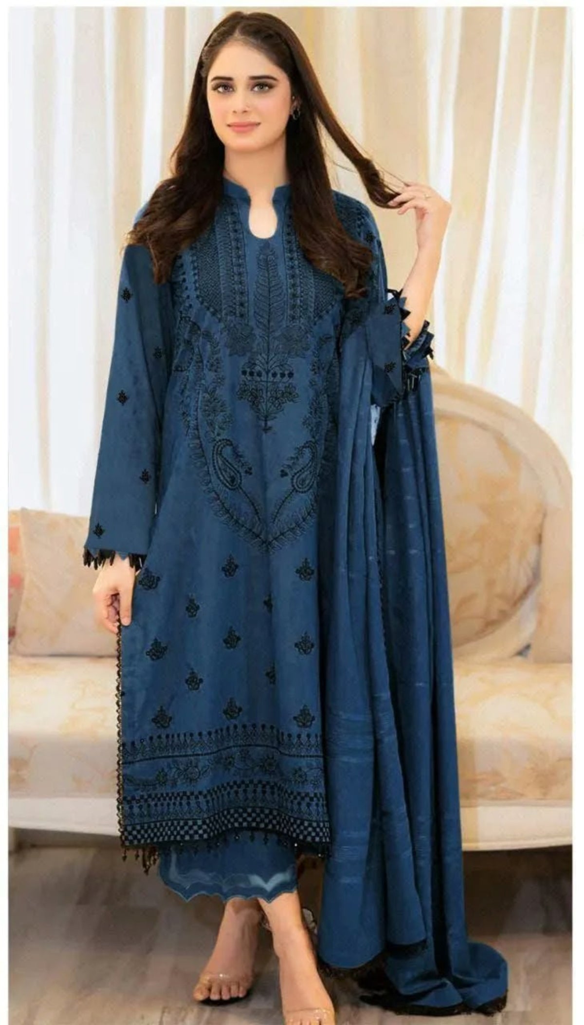 Blue Embroidered 3 Pcs Dhanak Suit for Women