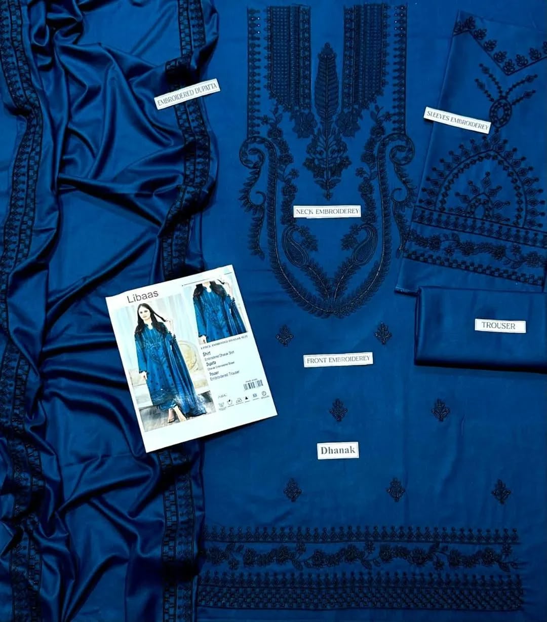 Blue Embroidered 3 Pcs Dhanak Suit for Women