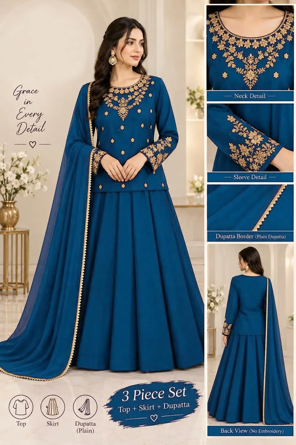 3 Pcs Women's Stitched Shamoz Silk Hand Work Suit
