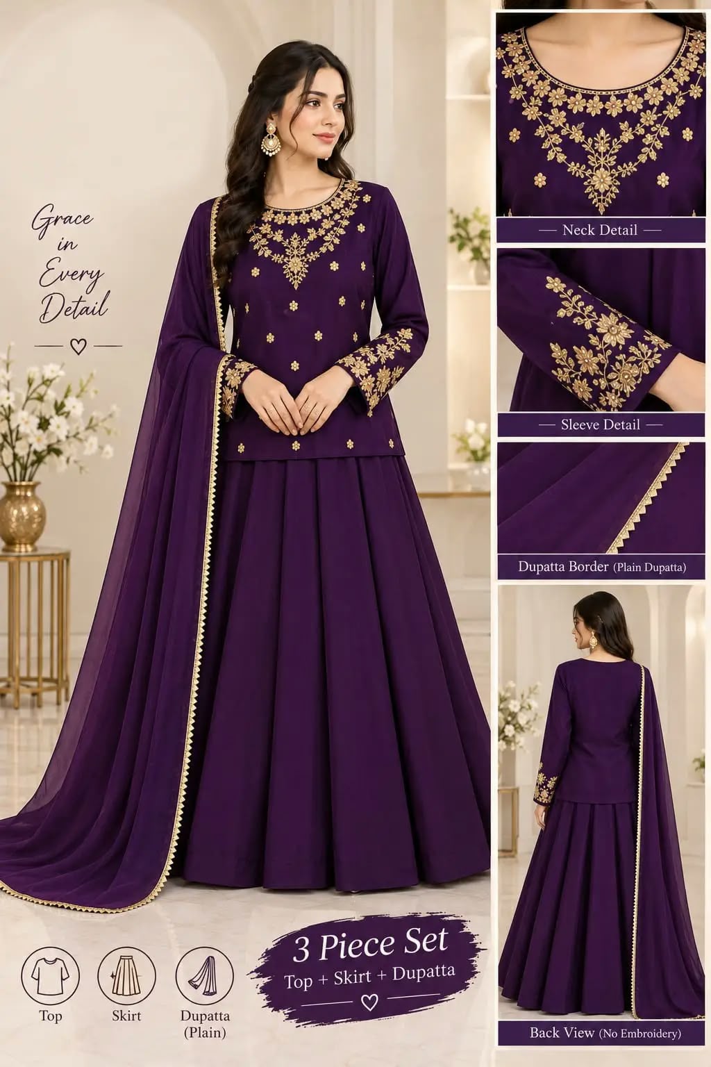 3 Pcs Women's Stitched Shamoz Silk Hand Work Suit