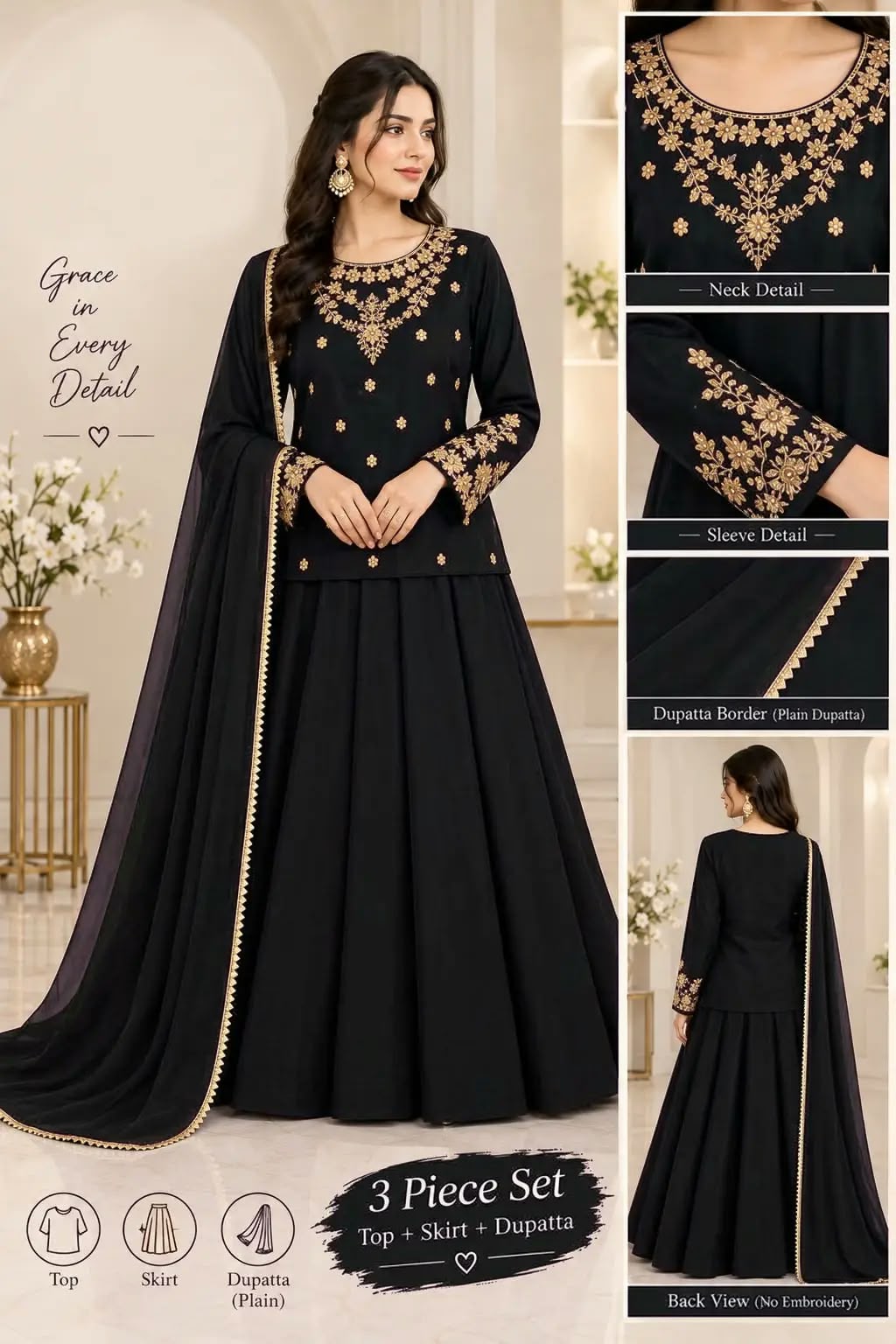 3 Pcs Women's Stitched Shamoz Silk Hand Work Suit