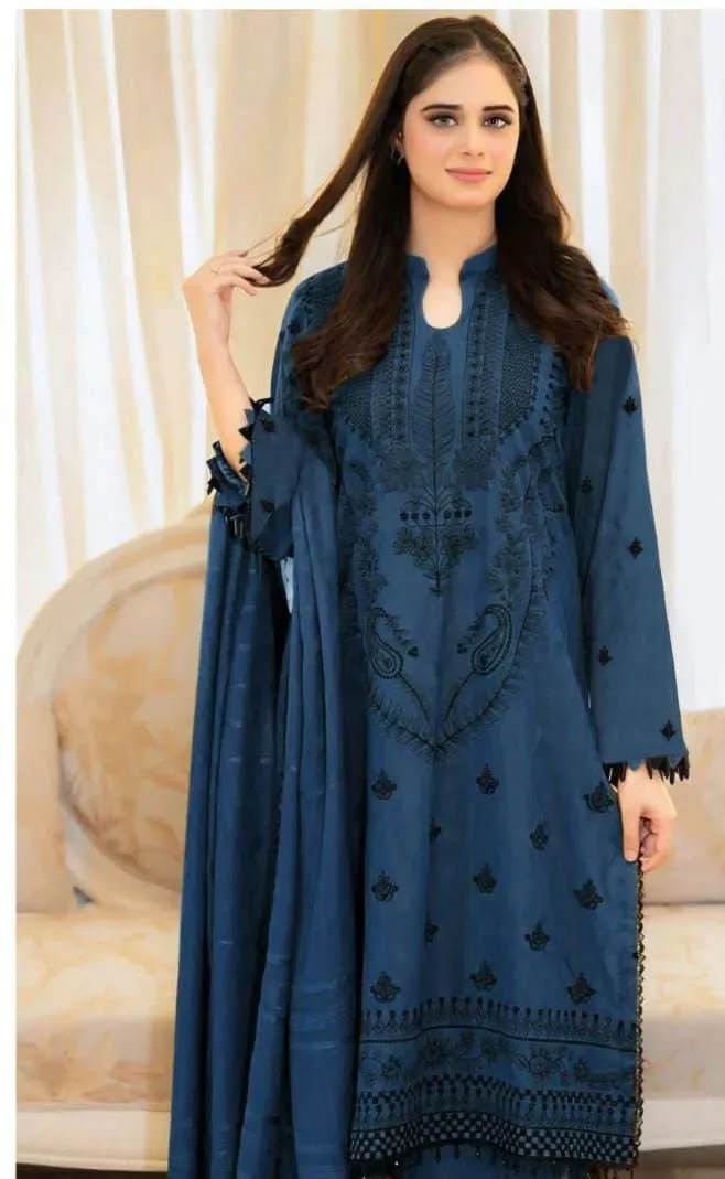 Blue Embroidered 3 Pcs Dhanak Suit for Women