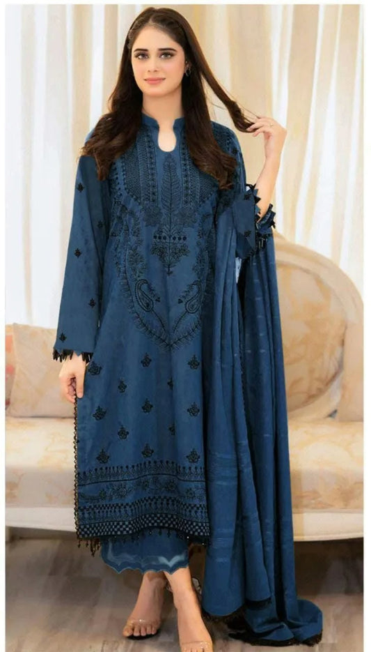 Blue Embroidered 3 Pcs Dhanak Suit for Women