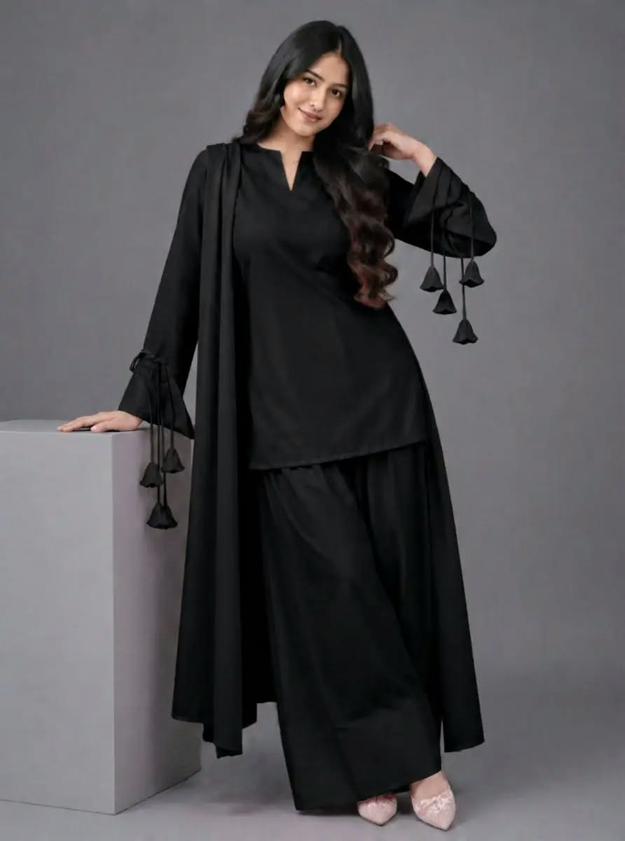 3 Pcs Women's Stitched Linen Plain Suit